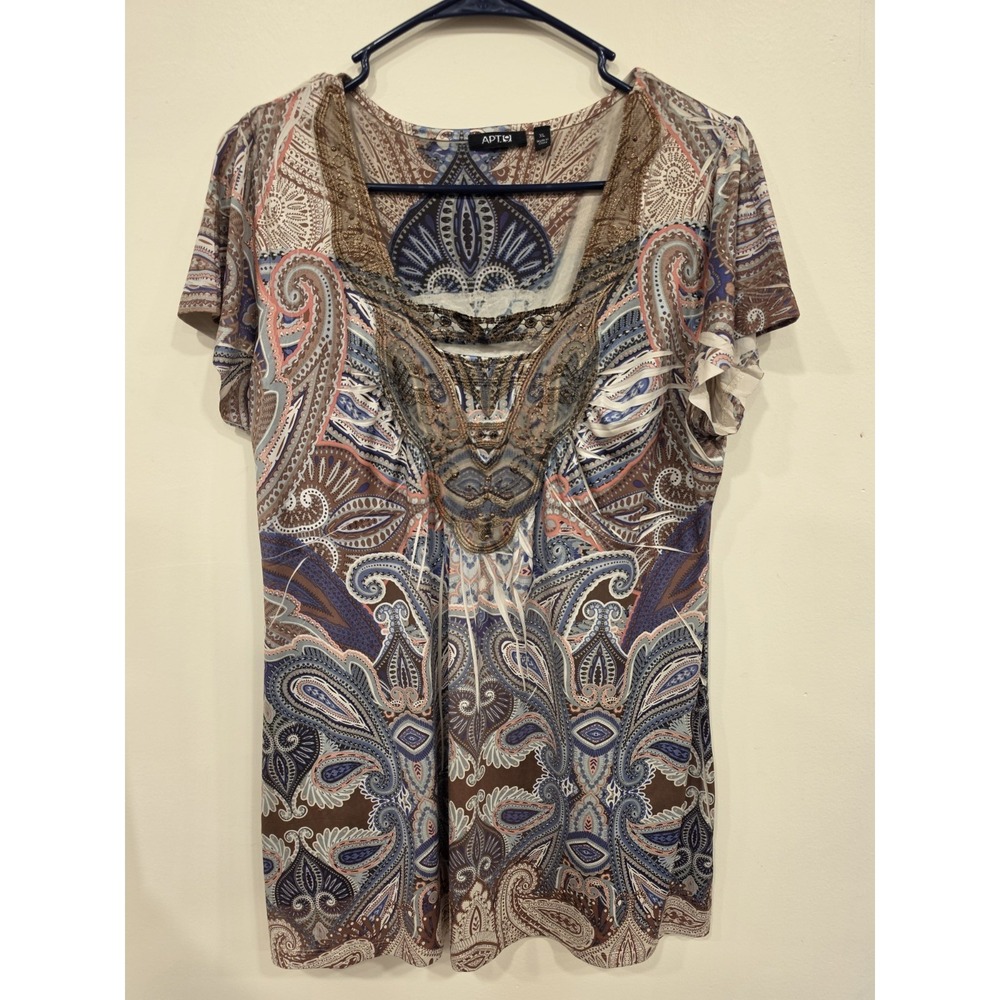 Apt. 9 Women's XL Paisley Embellished Boho Stretch Top‎ Indie Eclectic Earthy